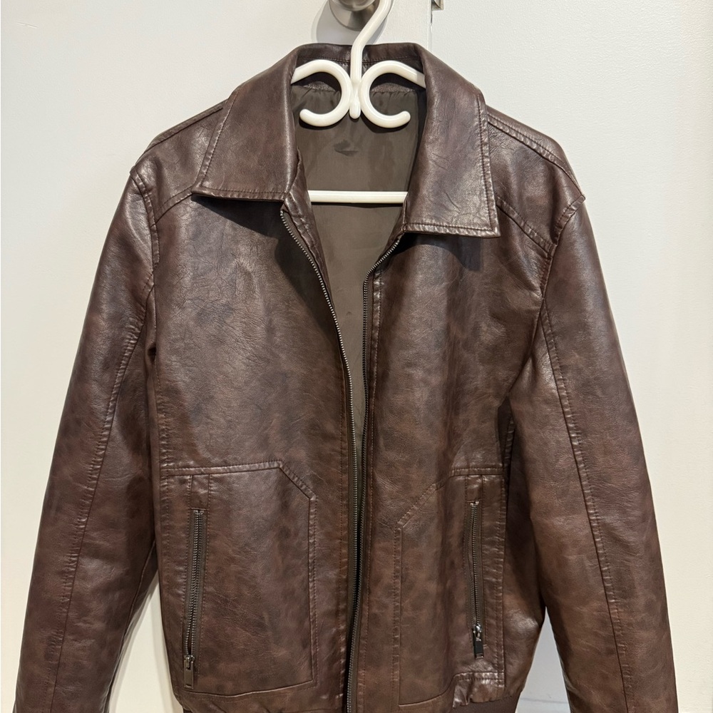 Men's Brown Faux Leather Zip Jacket